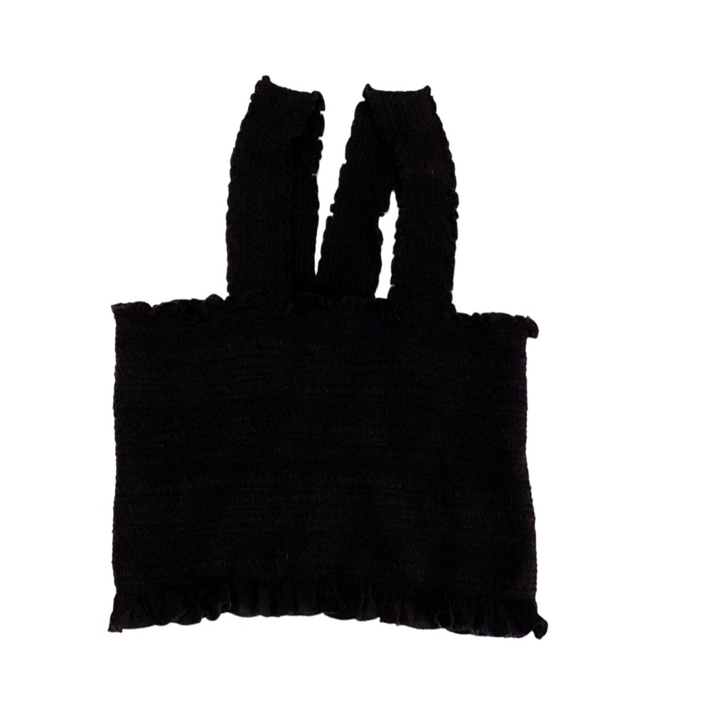 The Impeccable Pig Black Smocked Crop Top Ruffle Strap Boho Coquette Large o1
